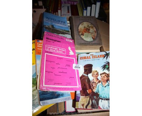 A quantity of books including In Cupid's chains, The Coral Island and a quantity of Ordnance Survey Maps.