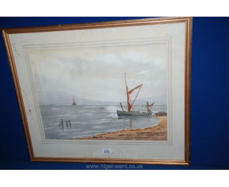A framed and mounted Watercolour of a Seascape with a moored fishing boat, signed lower left Brian Sharp.