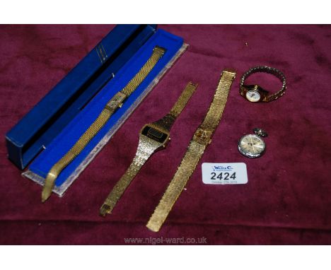 Five watches including a boxed Rotary watch.