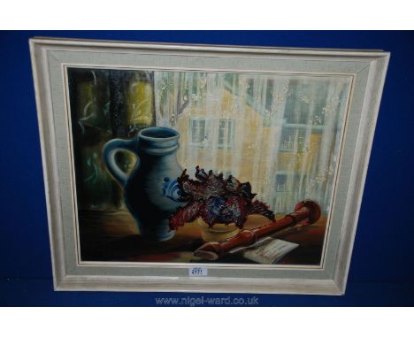 A mid century Oil on board: Interior Study of jug, plant and recorder with music showing an outlook through the window.