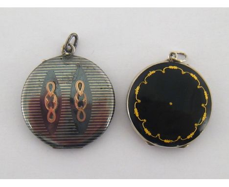 A mid 19th century silver and enamel locket, with deep blue enamel ground overall, both sides finely inlaid with gilt detail,