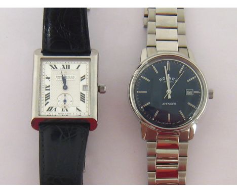 Two stainless steel quartz wristwatches, a Dreyfuss & Co. rectangular cased dress watch, and a Rotary Avenger, in its box and