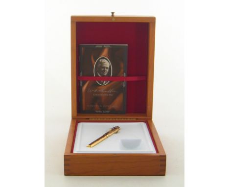 W.A. Sheaffer commemorative limited edition fountain pen. The 23K gold plated solid brass body designed with arabesques. 18K 