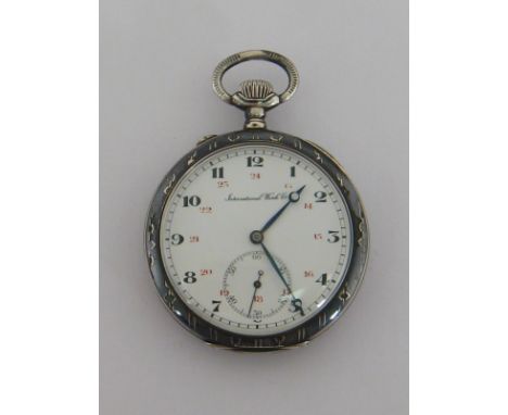 International Watch Company, an early 20th century silver and niello open faced pocket watch, the four-piece case numbered 72