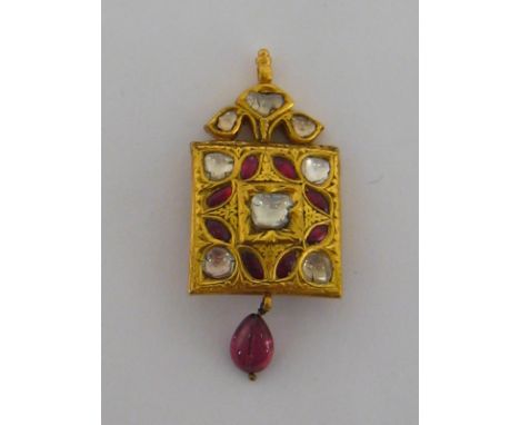 A gold and multigem pendant, the chased square panel set over both sides principally with diamonds and rubies, with a ruby dr