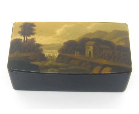 A Russian lacquer snuff box by Lukutin, 19th century, lined in tin foil with Imperial warrant above 3 red Cyrillic initials, 