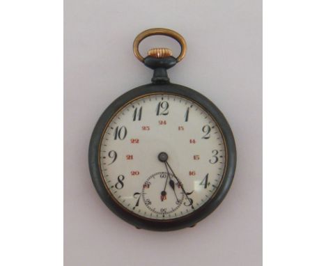 An early 20th century gunmetal pocket watch, the four-piece case with gilt detail, white enamel 'Canadian' style dial, black 