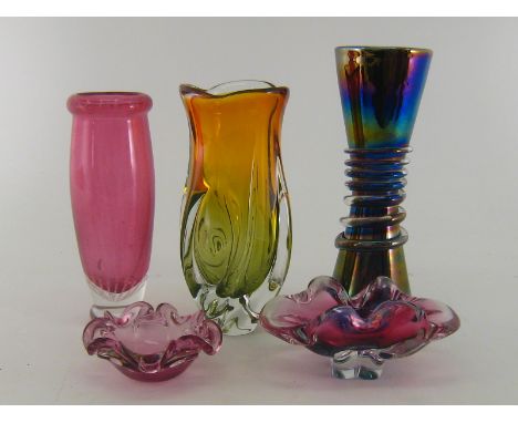 A group of five 1970s studio glass vases comprising a metallic flambe double tapered vase wrapped in a clear glass spiral, ht