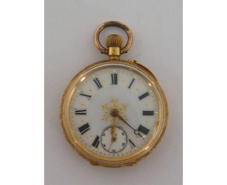 A late 19th century 18 carat gold fob watch, the four-piece case stamped '18k', no. 131210, the white enamel dial with black 