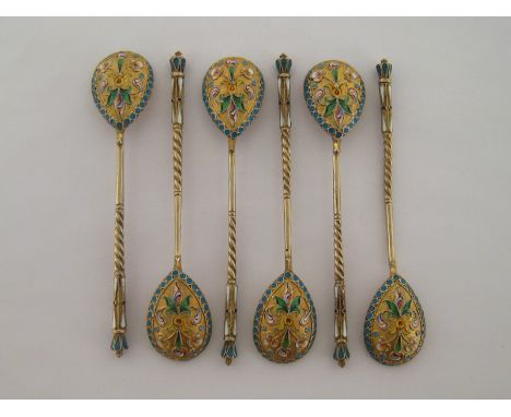 A set of six Russian silver-gilt and shaded cloisonné enamel coffee spoons, maker's mark apparently S.M (Cyrillic), Moscow, 1