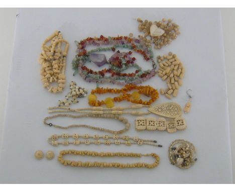 A collection of natural bead necklaces, including amber chip, bone, amethyst, shell and others together with a mixed lot of s