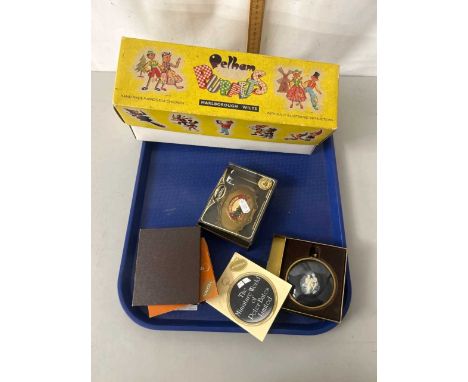 Mixed Lot: A Pelham puppet together with two boxed Peter Bates miniature pictures and a Budweiser Beer buckle