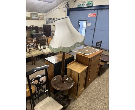 Early 20th Century hardwood framed standard lamp with central shelf and tassled shade