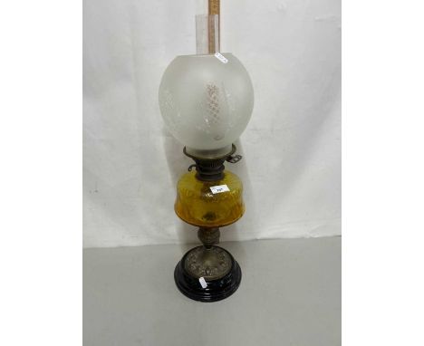 Late Victorian oil lamp with amber glass font and frosted glass shade