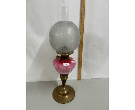Early 20th Century oil lamp with pink glass font and frosted glass shade