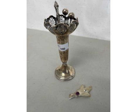 Birmingham hallmarked silver trumpet vase with loaded base and pierced rim together with a button hook and two hat pins