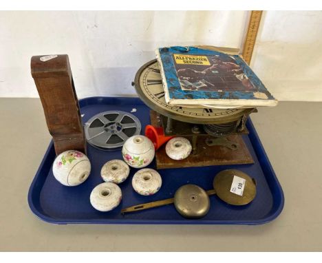 Mixed Lot: Gent &amp; Co of Leicester, clock movement together with vintage Mohammad Ali film reel, various ceramic knobs etc
