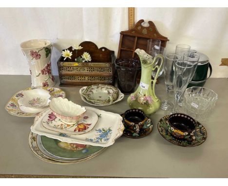 Mixed Lot: A brass mounted letter box, small Indian hardwood display shelf, ice bucket, various cups and saucers, decorated c