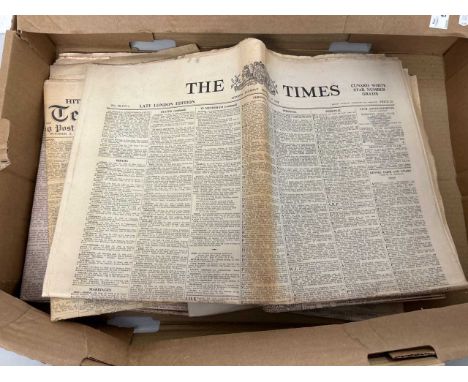 Box of various vintage newspapers, 1930's to WWII, principally copies of the Daily Herald, Daily Telegraph, The Times and oth