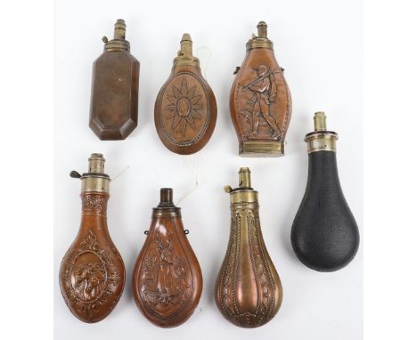 7x Assorted Gun-Sized Powder Flasks, comprising a good quality example with nickel top stamped M Marsh Sheffield, leather cov