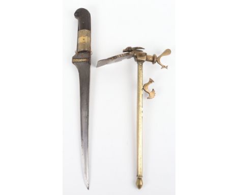 Afghan/Pathan Dagger Pesh Kabz, 19th Century, T-section blade with engraved decoration, iron grip-strap, 2 piece brass and ho