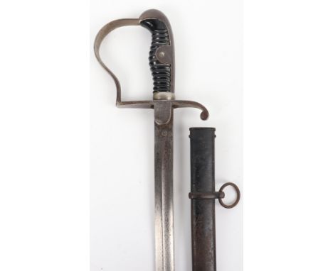 German NCO’s Dress Sword by WKC, steel dove head type sword with black celluloid grip covering. Housed in its steel scabbard 