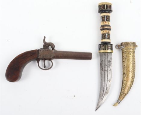 Boxlock Percussion Pocket Pistol, turn off barrel Birmingham proved, slab walnut grip; together with a Bosnian dagger jambya,
