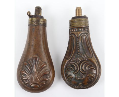 Pistol-Size Copper Powder Flask, common brass top with fixed charge nozzle, body embossed with a shell; and another with foli