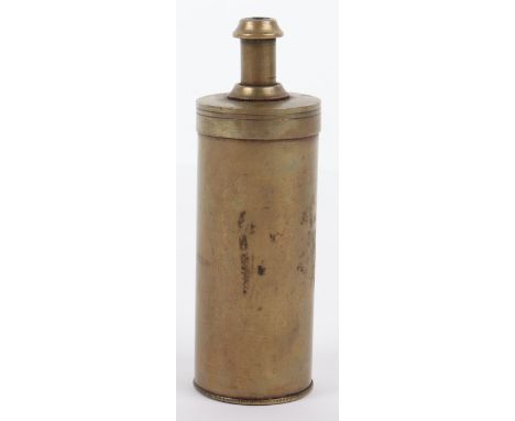 Scarce Cylindrical Brass Powder Flask, plunger type nozzle delivering fixed charge, base plate unscrews for filling, body pai