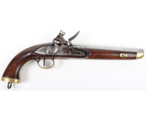 Belgian 14-bore Flintlock Service Pistol, full stocked, regulation lock stamped DN, regulation brass mounts with iron lanyard