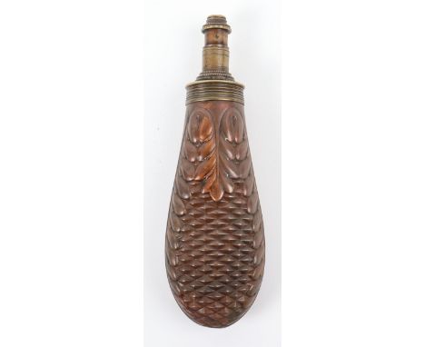 French Pistol-Size Copper Powder Flask, brass plunger nozzle with fixed charge, body embossed with chequered panel surrounded