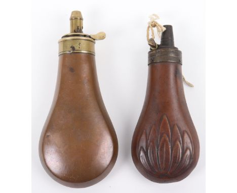 Pistol-Size Copper Powder Flask, common brass top with fixed charge nozzle, body embossed with bush; and another with patent 