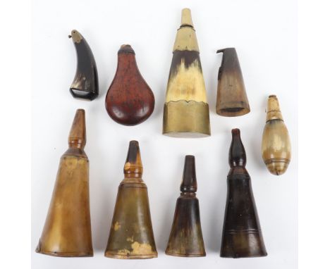 8x Assorted 19th Century Horn Powder Flasks, comprising 4 of English type with conical bodies and turned horn measuring caps;