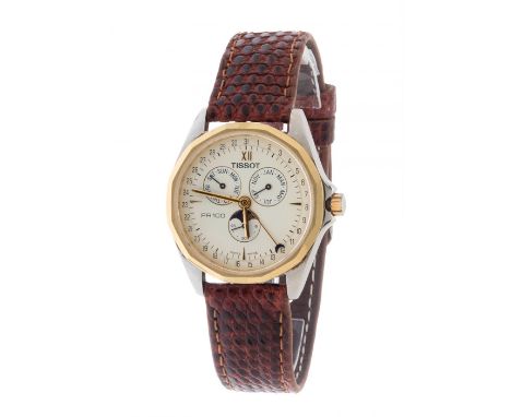 TISSOT PR100 Annual Calendar MoonPhase watch, ref. 9361/461, year 1980-1989, for men/Unisex.In steel. Gold-plated dodecagonal