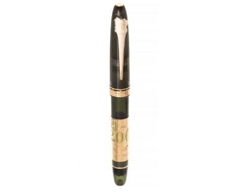 OMAS "PERRIER-JOUËT" FOUNTAIN PEN.Barrel in transparent green celluloid and rose gold.Limited edition. Exemplary 0213/1000.Ni