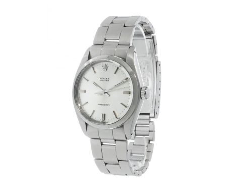 ROLEX Oyster watch in stainless steel for men. White dial, dotted numerals, sword hands. Folding stainless steel strap.Measur