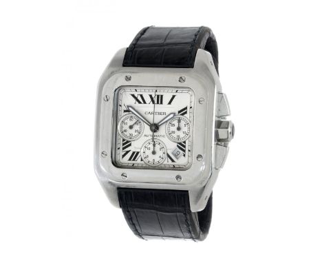 CARTIER Santos 100 XL Chrono watch, mod. 2740, n.533849NX, for men/Unisex.Stainless steel case. Square white dial with black 