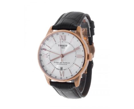 TISSOT Chemin des Tourelles Powermatic 80GMT watch, ref. T0994293603800, for men/Unisex.Pink gold-plated stainless steel case