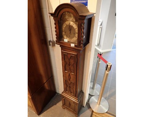 Oak longcase clock with interior inscription for 1920 ( key in office pre lot 7034 ) CONDITION REPORT: This item is gut drive