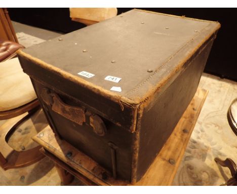 Large painted hessian covered luggage trunk with inner shelf and interior labeling John Handley and Sons