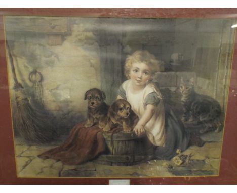 A Framed Print of Child with Puppies, Which Do You Like. 