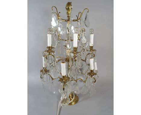 A Large Brass And Glass Chandelier Style Table Lamp. 