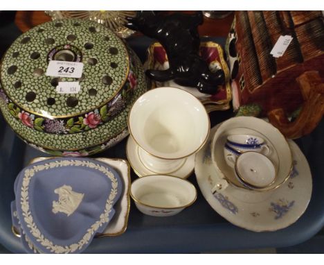 A Tray of Ceramics to Include Blue and White Jasper Ware, Miniature Spode Cups, Cottage Ware Tea Pot. 