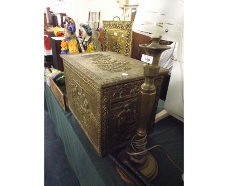 A Big Brass Log Box Containing Various Brass Items and A Brass Table Lamp. 