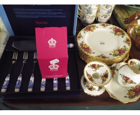 A Boxed Set of Spode Blue Italian Cake Slice and Forks, A Boxed Royal Albert Scented Candle, A Collection of Royal Albert Old