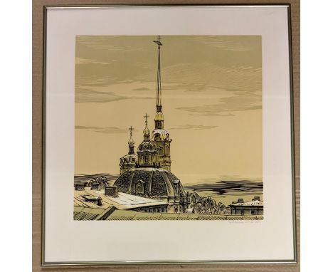 SIGNED FRAMED LINOCUT RUSSIAN PRINT LENINGRAD 1989 GRAPHIC DESIGN INSTITUTE BY RAKICKII B.R. APP.SIZE: 40cm x 42cm