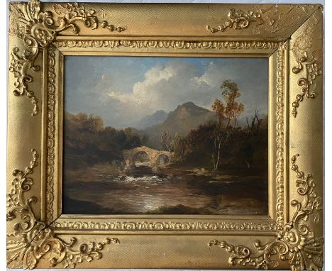Circle of Joseph Mallord William Turner 1775-1851. British. Oil on panel. “A Bridge Over a River in Perthshire”. Indistinctly