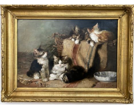 Isabelle L Perkin 1860-1943. British. Oil on canvas. “Five Kittens with a Basket and Blanket”. Signed and dater 1897 lower ri