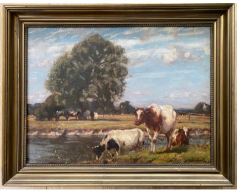Algernon Mayow Talmage 1871-1939. British. Oil on canvas. “Cattle Grazing by the Waters Edge”. Signed lower right. Measures 4