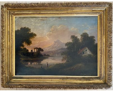 Manner of Richard Wilson. 19th Century English School. Oil on canvas. “An Italianate Landscape”. Signed lower left. Measures 